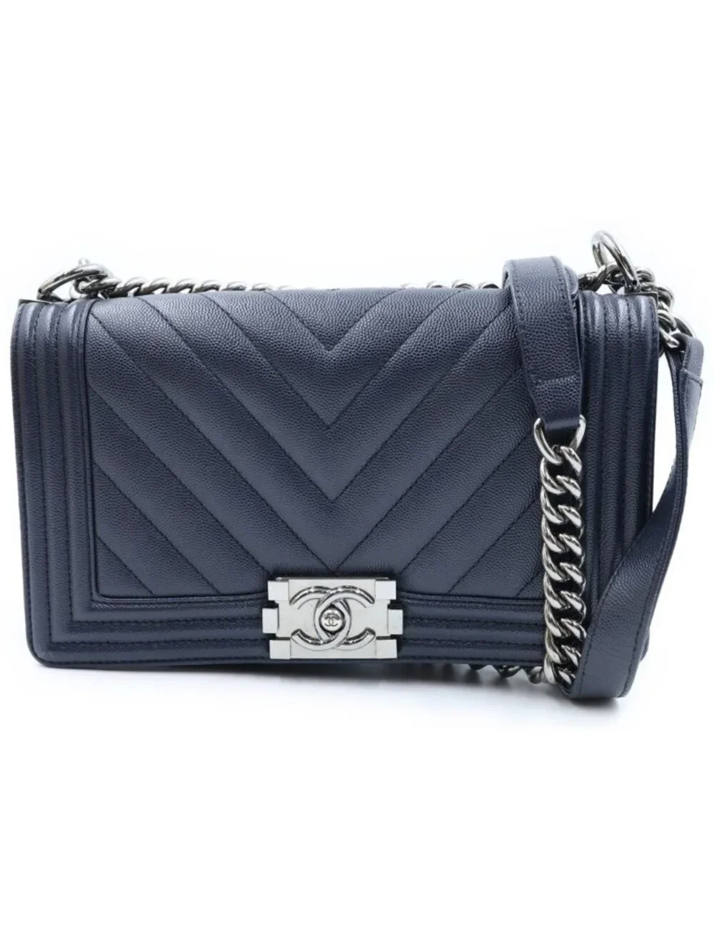 Chanel Boy Chevron V-Stitch Caviar Leather Silver Chain Shoulder Bag Navy